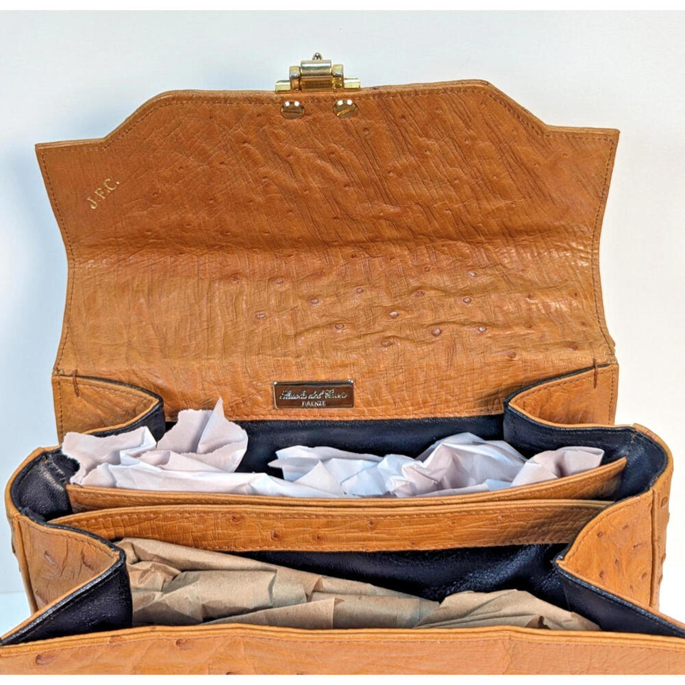 Scuola Del Cuoio Ostrich Leather Caramel Brown Flap Handbag Purse Firenze Italy - Picture 6 of 16